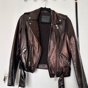 All Saints Shiny Dark Brown Leather Jacket